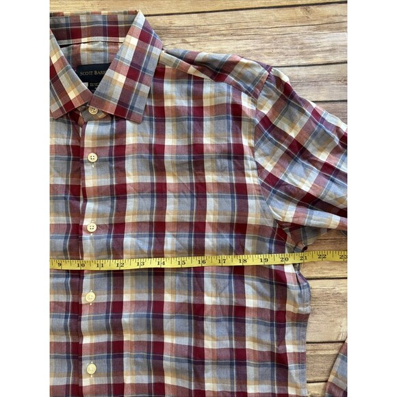 Scott Barber Mens M Dress Shirt Button Up Red Blue Check Plaid Long Sleeve - Picture 4 of 6